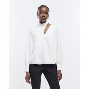 RIVER ISLAND Cut Out Top Plus Size 20 Cream White Long Sleeve Crepe Blouse B32